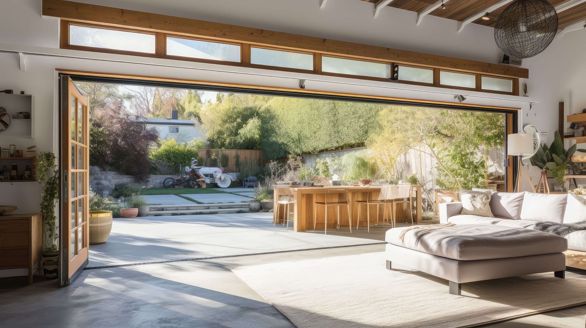 A large white house with a wooden garage door