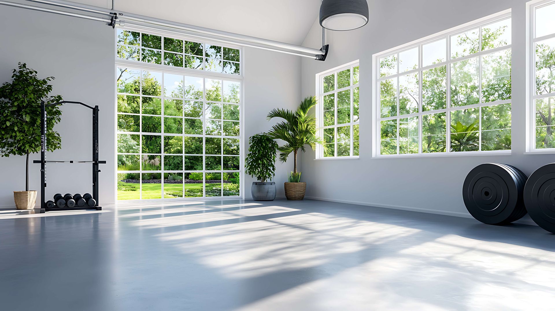 An empty gym with a lot of windows and trees in the background.