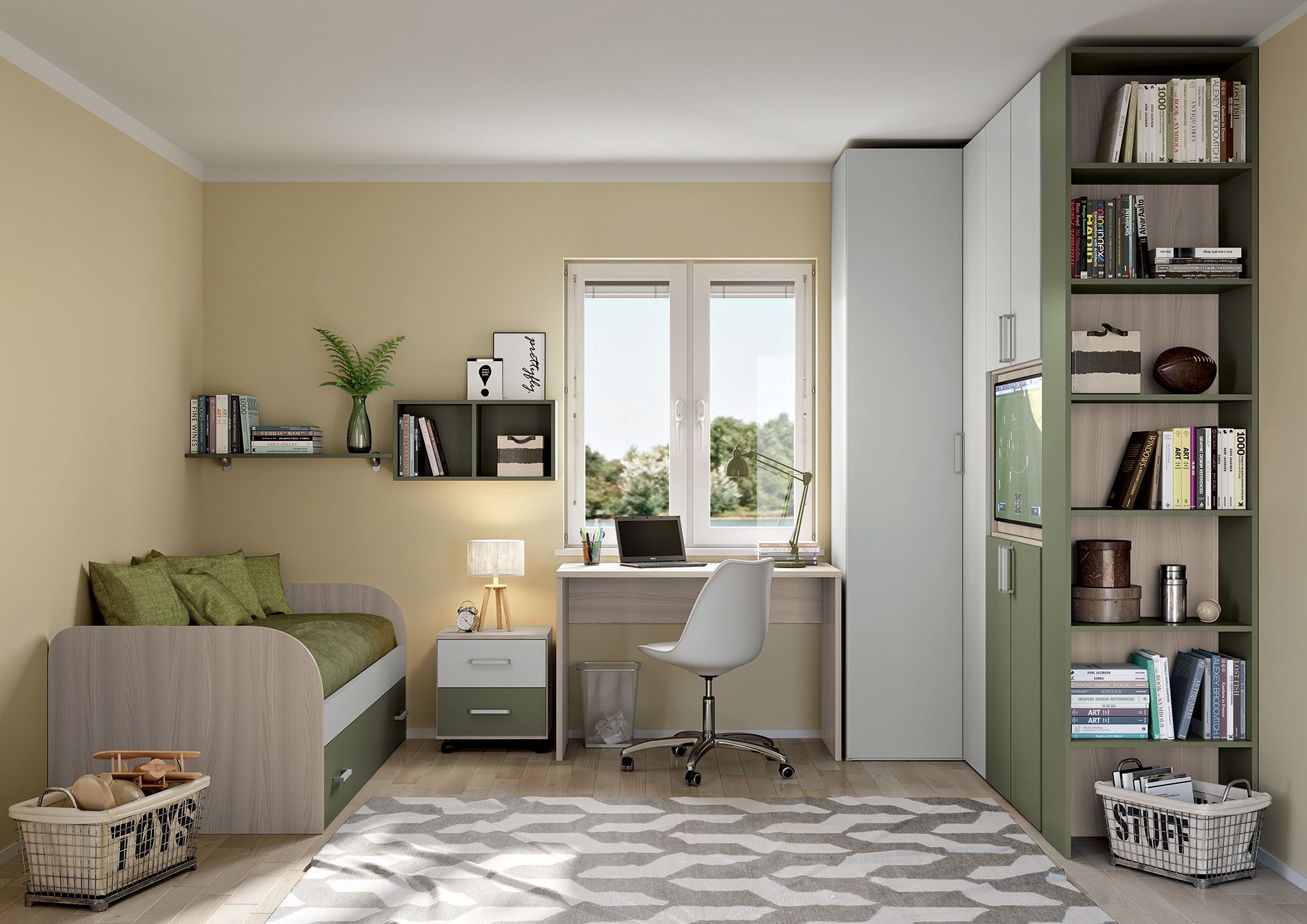 Cassettiera e sedia color pastello in una cameretta con parete a pois, orsacchiotto e tappeto a fiori.