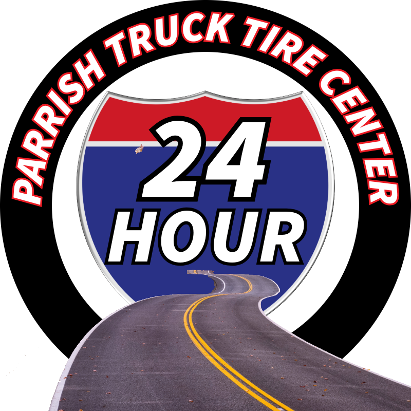 Parrish Truck Tire Center logo: a road, highway sign, and 24-hour service text, black, red, and blue colors.