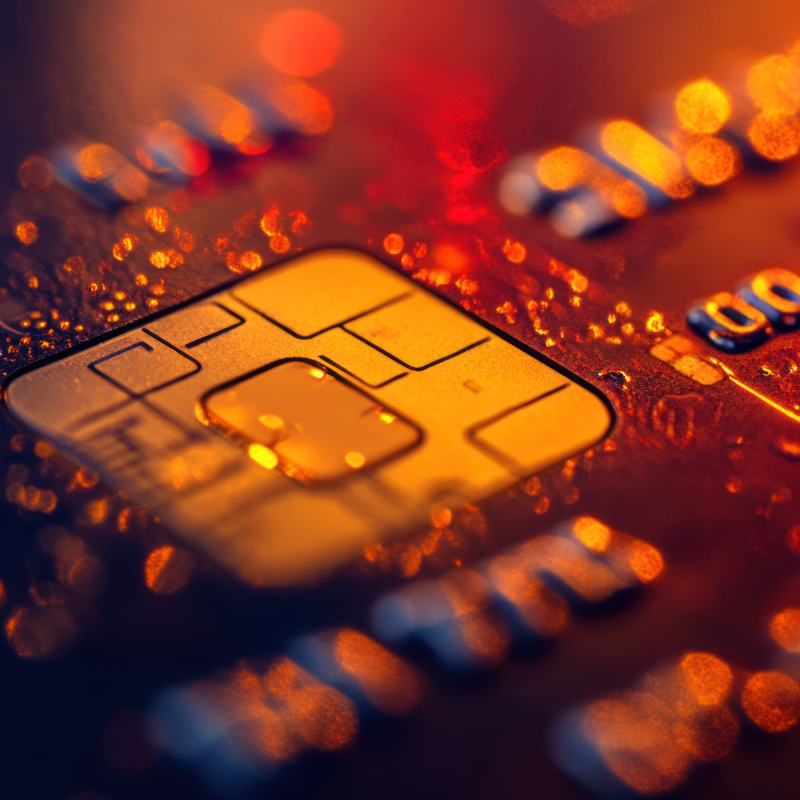 Close-up of a credit card with gold chip and embossed numbers, lit with warm orange and red hues.
