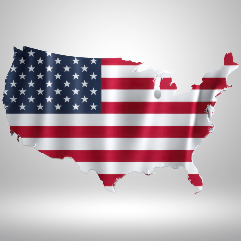Map of the United States with the American flag overlaid.