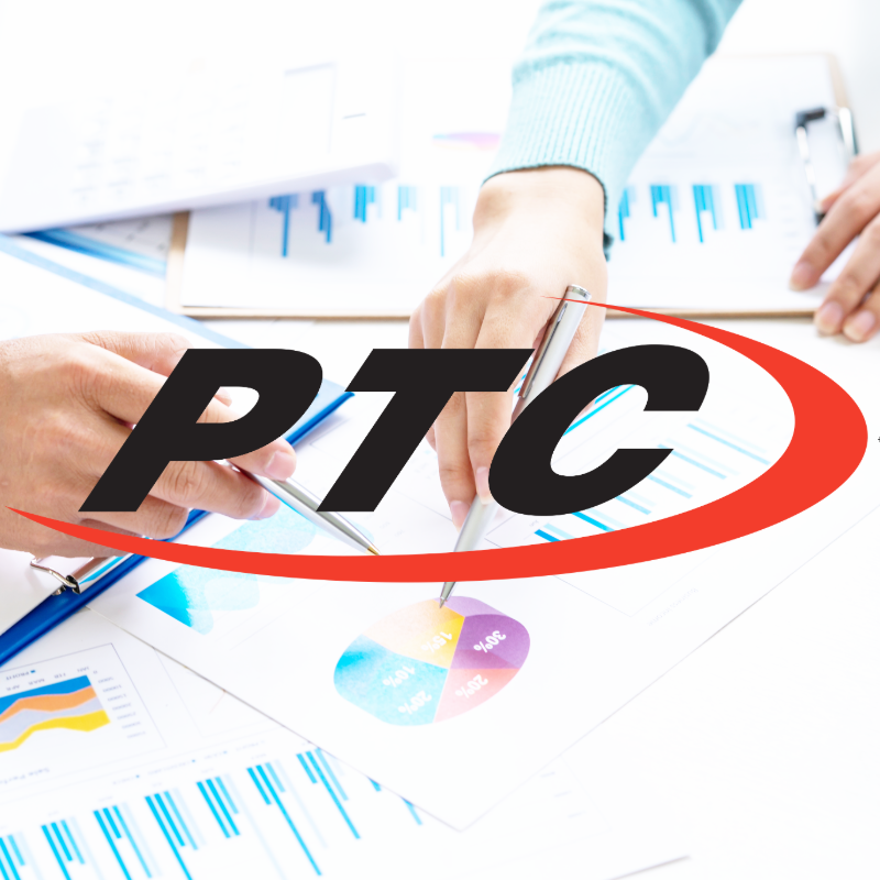 Hands pointing at charts and graphs, PTC logo overlay.