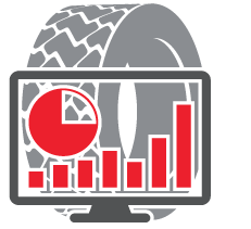 A tire overlaid with a computer screen showing red pie chart and bar graph.
