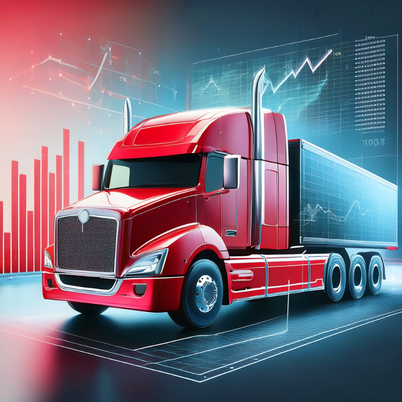 Red semi-truck with trailer, in front of financial charts.