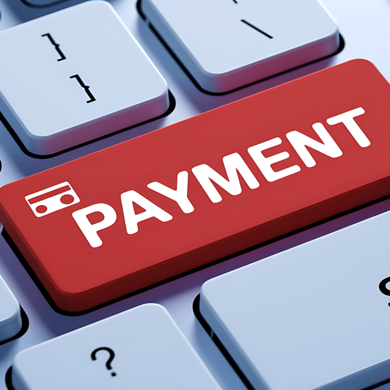 Red "PAYMENT" button on computer keyboard with credit card icon.