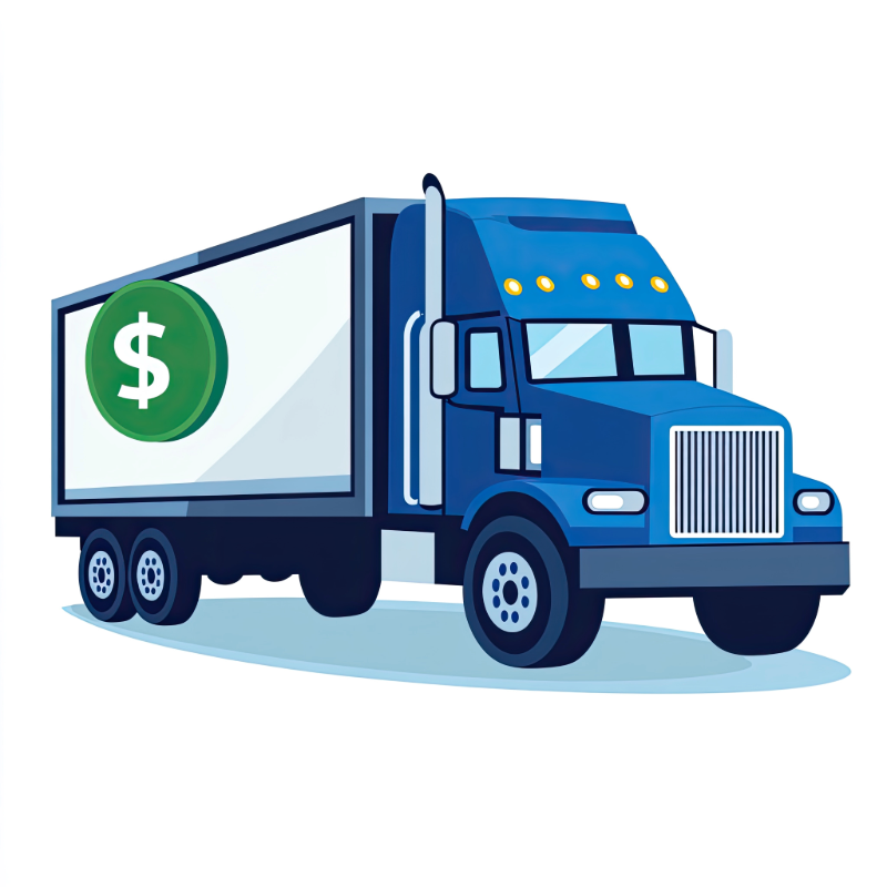 Blue semi-truck with a money symbol on the trailer.