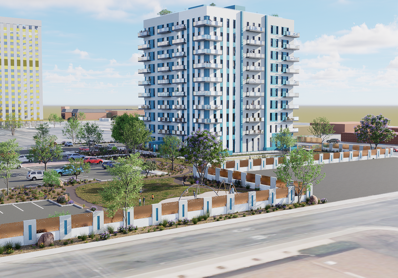 Multi-story white and blue building with balconies and a parking lot.