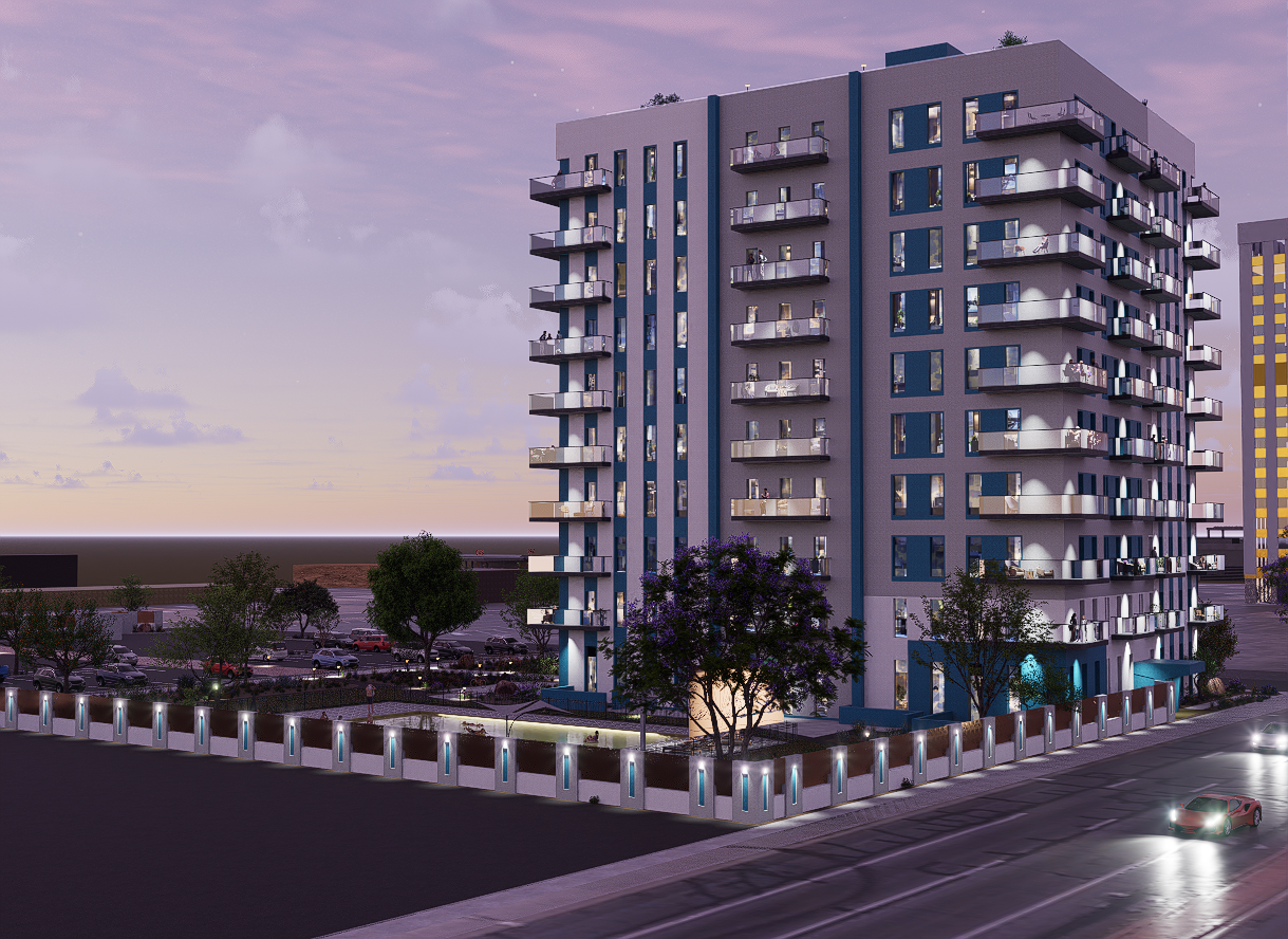 Multi-story white and blue building with balconies and a parking lot.