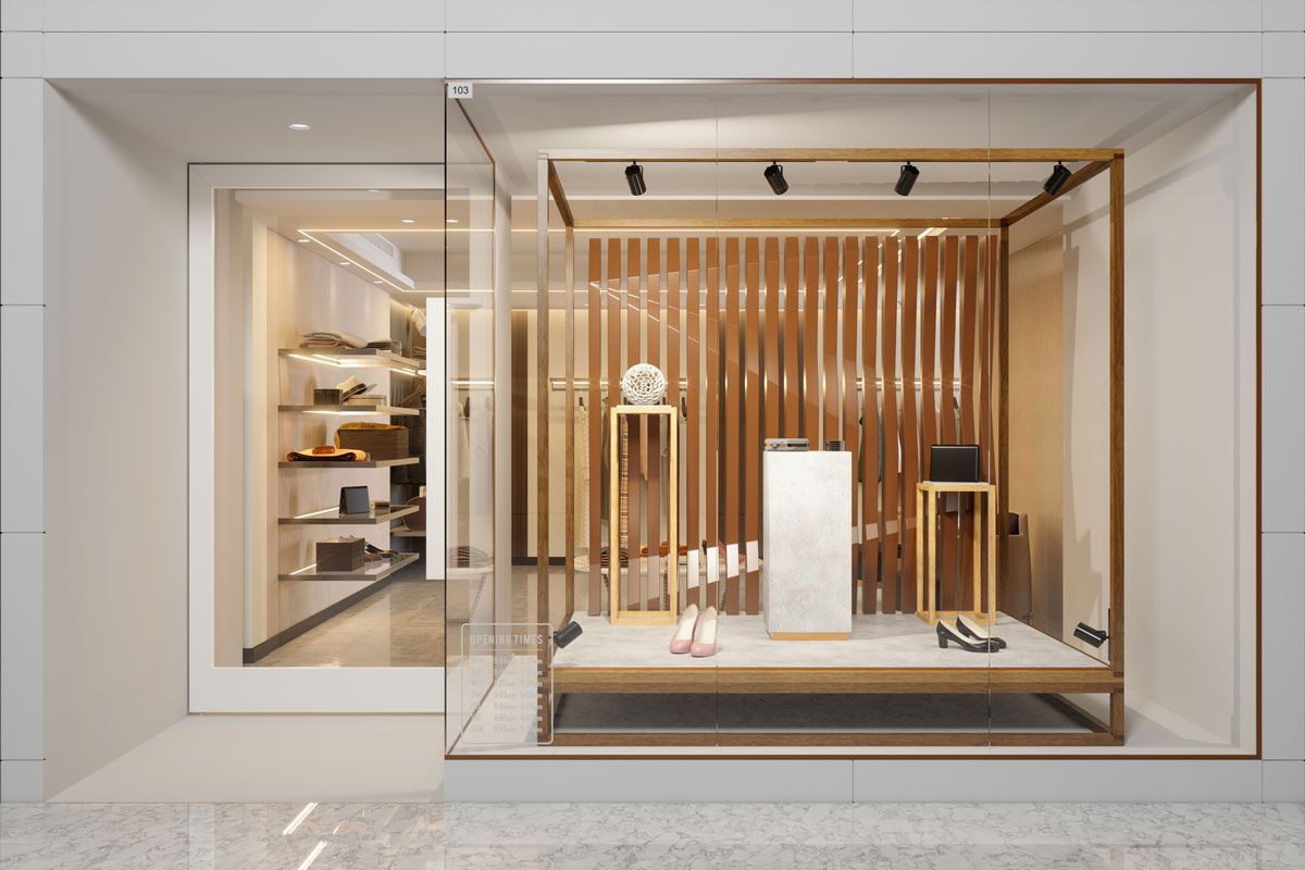 A 3d rendering of a shoe store with a sliding glass door.
