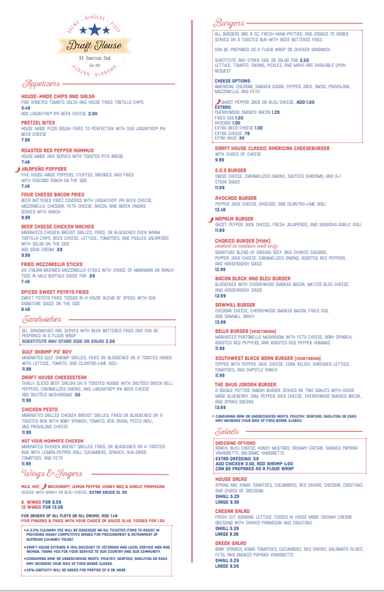 Draft Houes Menu All American Food