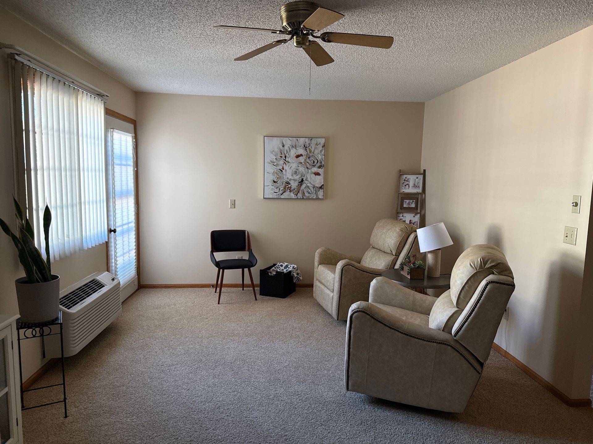 A living room with two beige recliners, a black chair, artwork, and a cactus by a door.