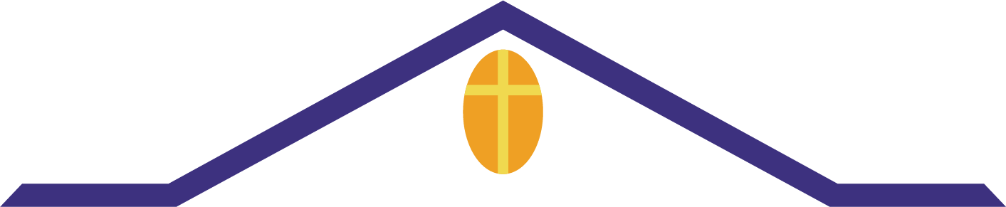 A purple roof-shaped design with a gold emblem of a cross inside an oval.