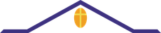 A purple roof-shaped design with a gold emblem of a cross inside an oval.