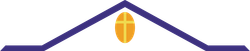 A purple roof-shaped design with a gold emblem of a cross inside an oval.