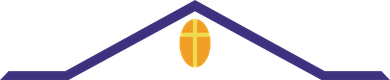 A purple roof-shaped design with a gold emblem of a cross inside an oval.