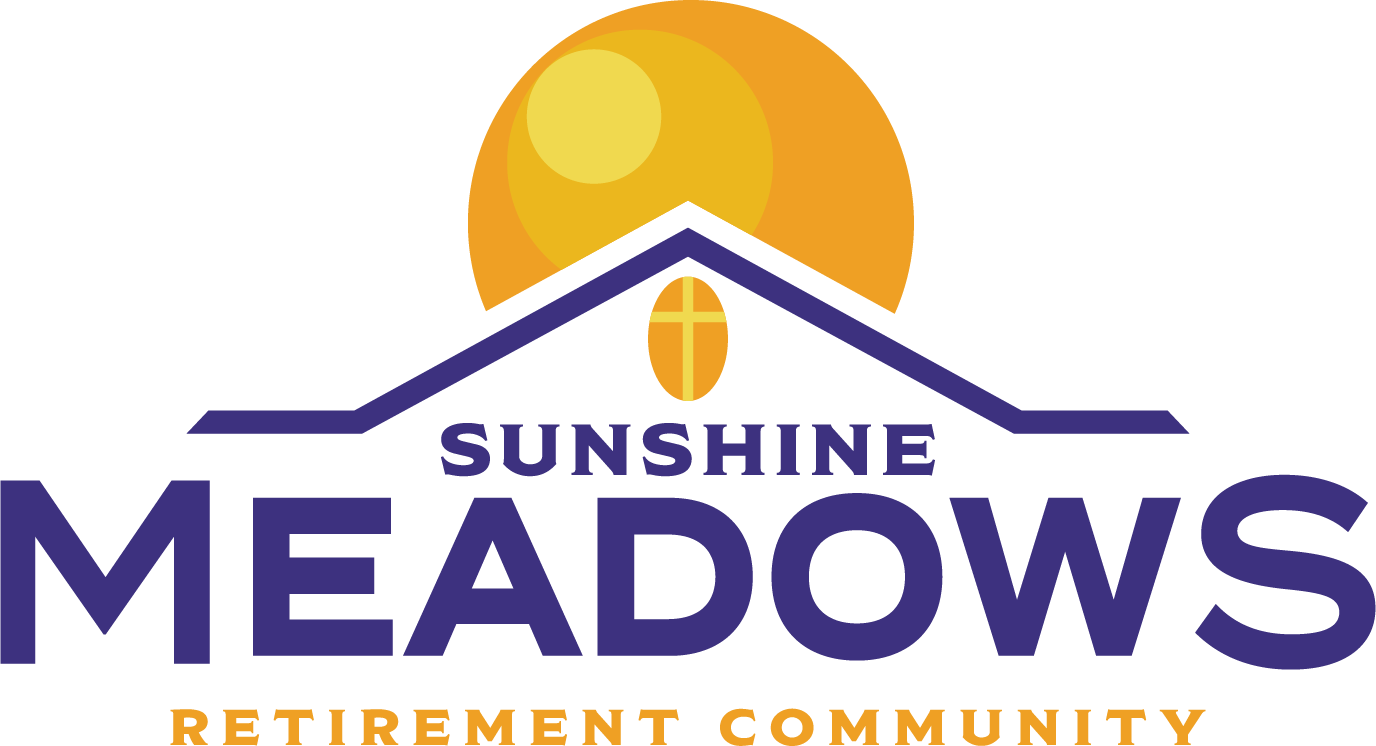 Logo for Sunshine Meadows Retirement Community: Purple text and roof with an orange sun.