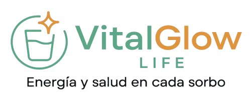 Logotipo de VitalGlow con una bebida en un vaso y el texto