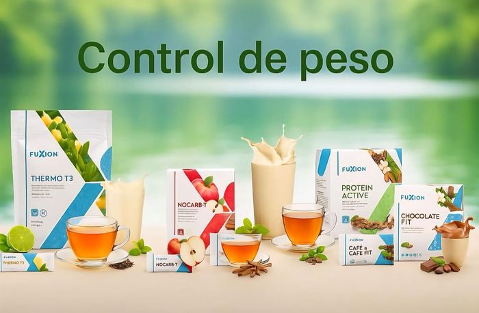 Productos Thermo T3 y BioPro Fit con bebidas y texto: 