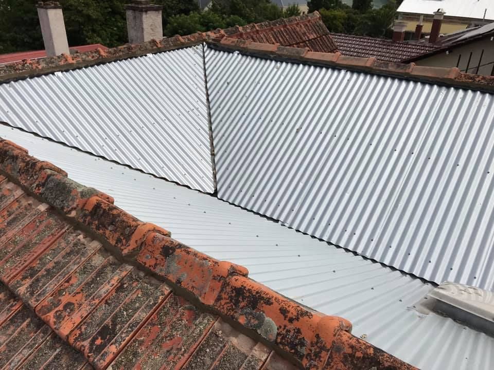 A roof with a white corrugated metal roof and red tiles.