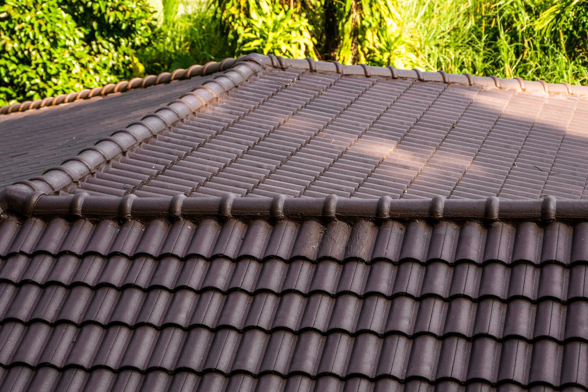 A close up of a tiled roof with trees in the background.