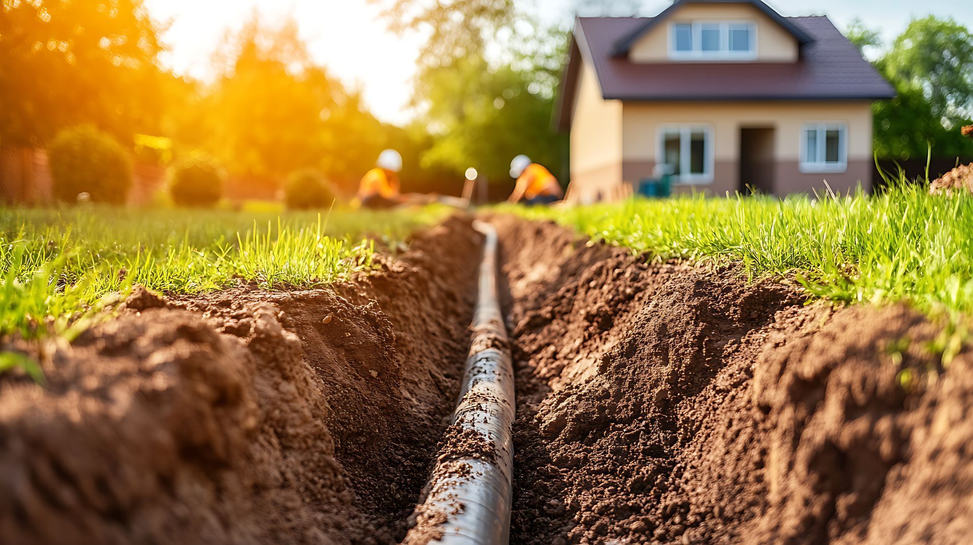 Suburban pipe installation, workers, house background.