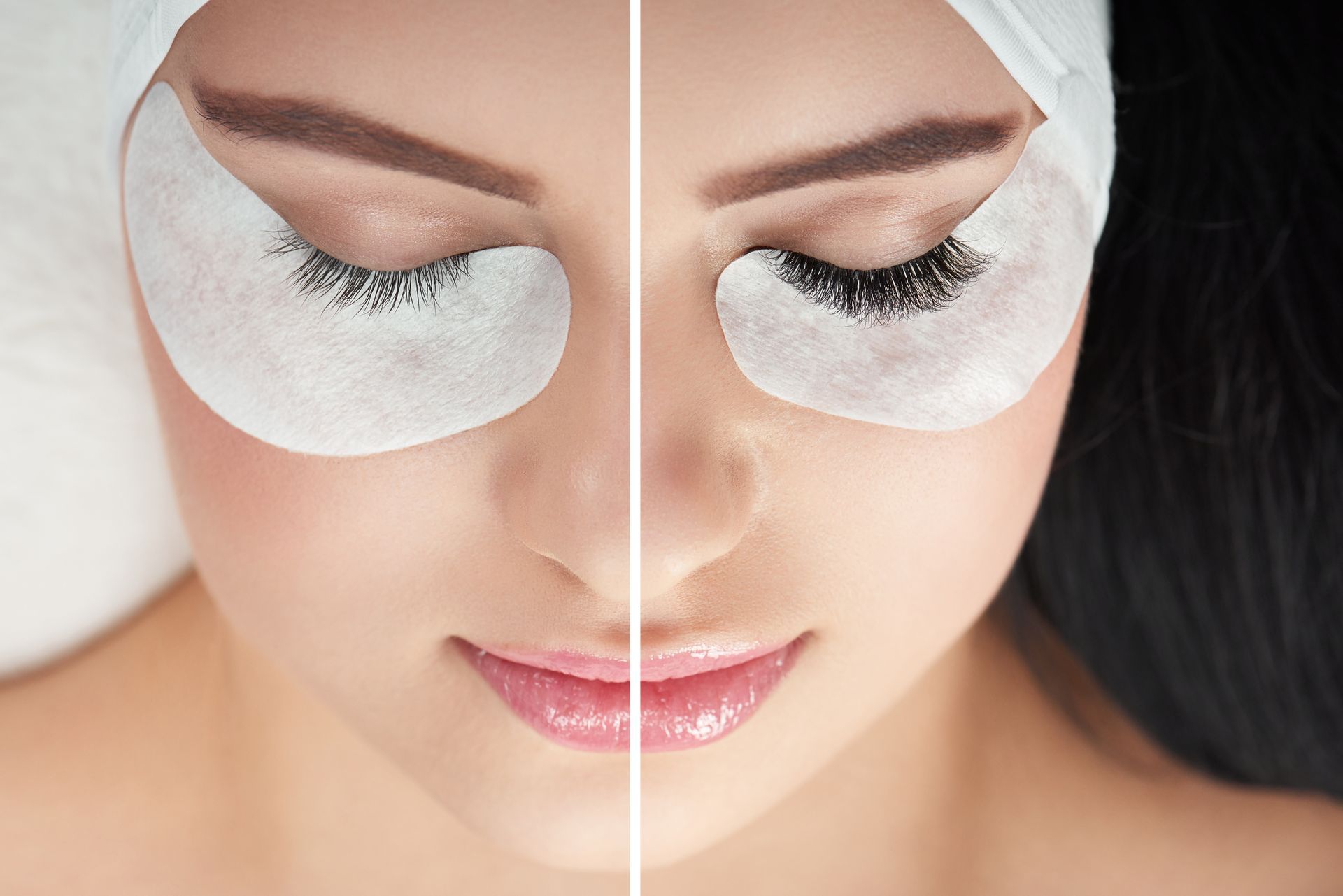 A before and after photo of a woman getting eyelash extensions.