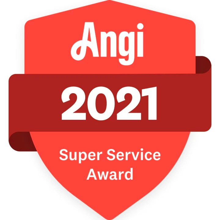 A red shield with the words angi 2021 super service award written on it.