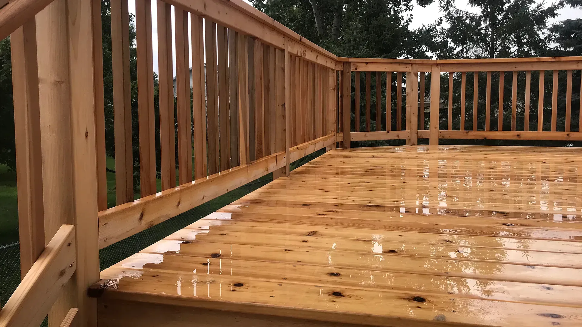 Cedar deck wet from the rain