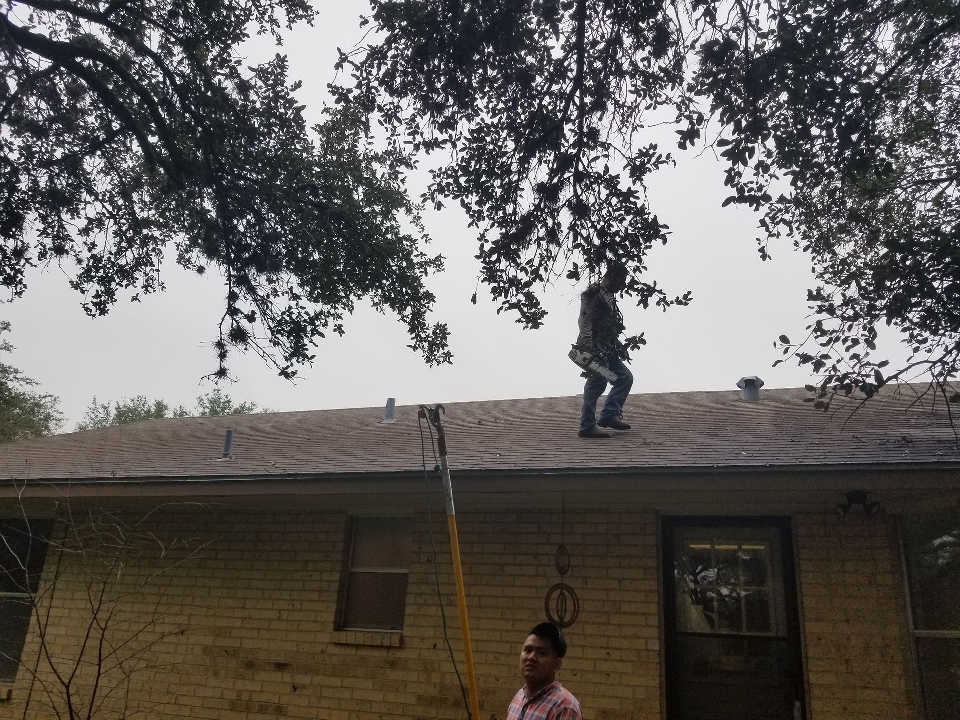 A man is cleaning the roof of a house with a broom.