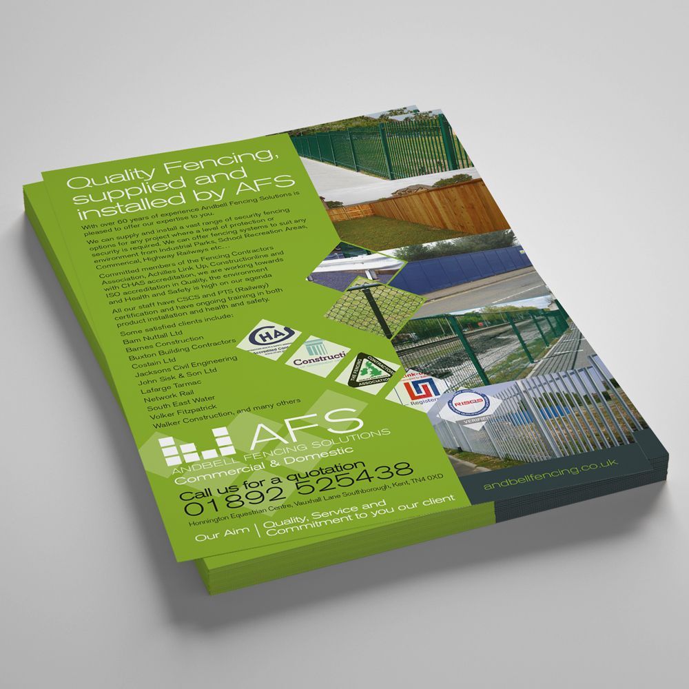 Promotional flyer for AFS fencing services, featuring a green layout, text, logos, and photos of various fence installations.