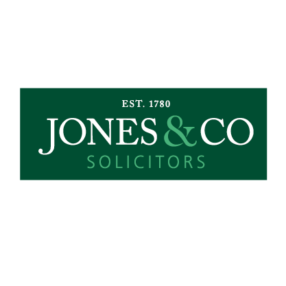 Jones & Co Solicitors logo with green rectangle background, white text: