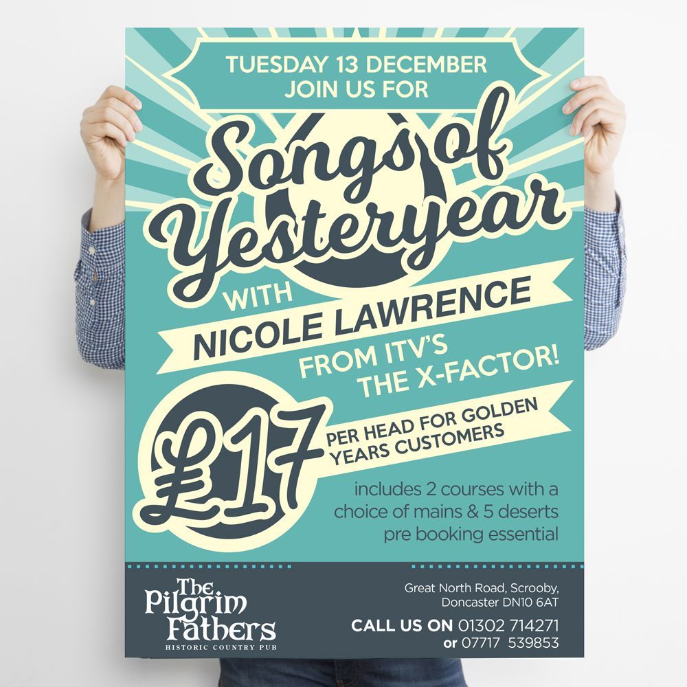 A person holds a teal event poster for 