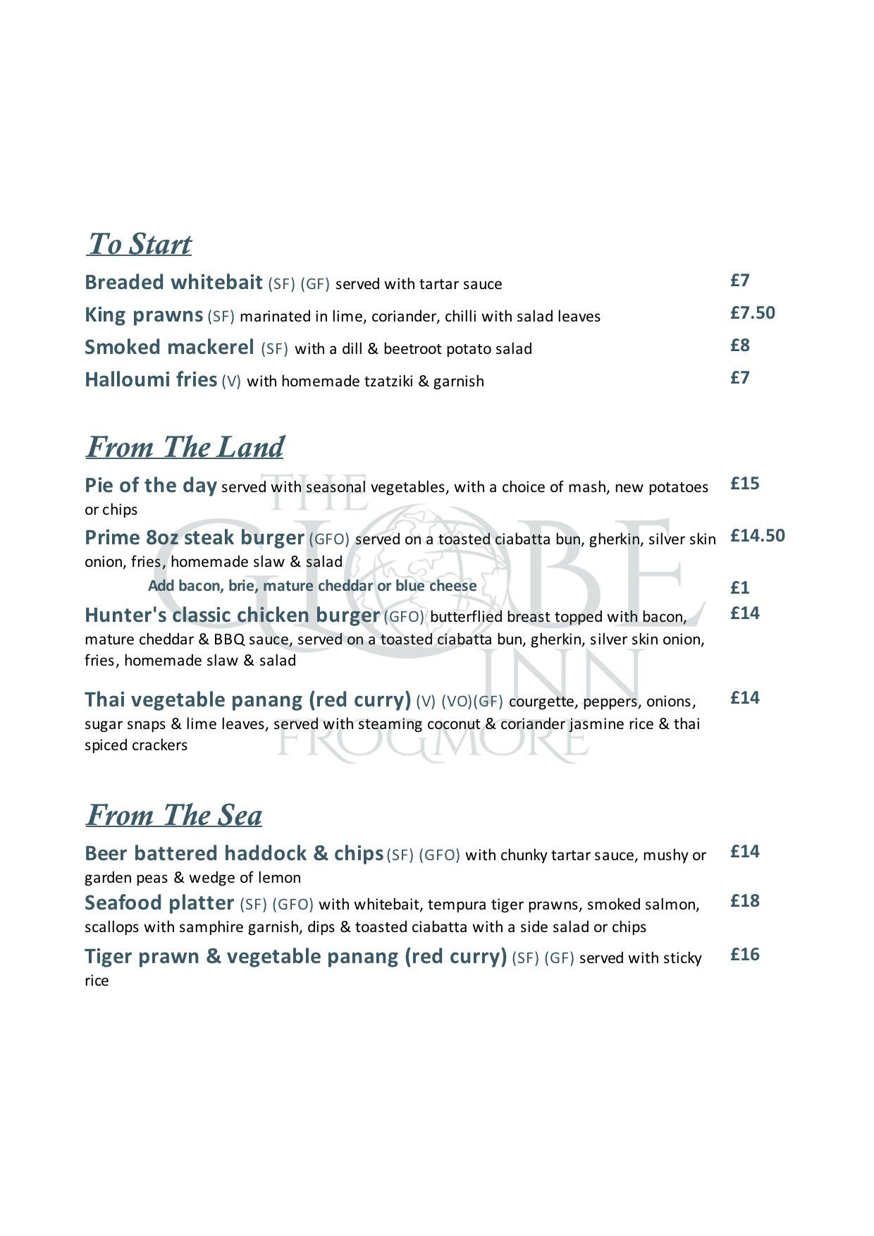 Our Menu The Globe Inn Frogmore Homemade, fresh foods near Kingsbridge