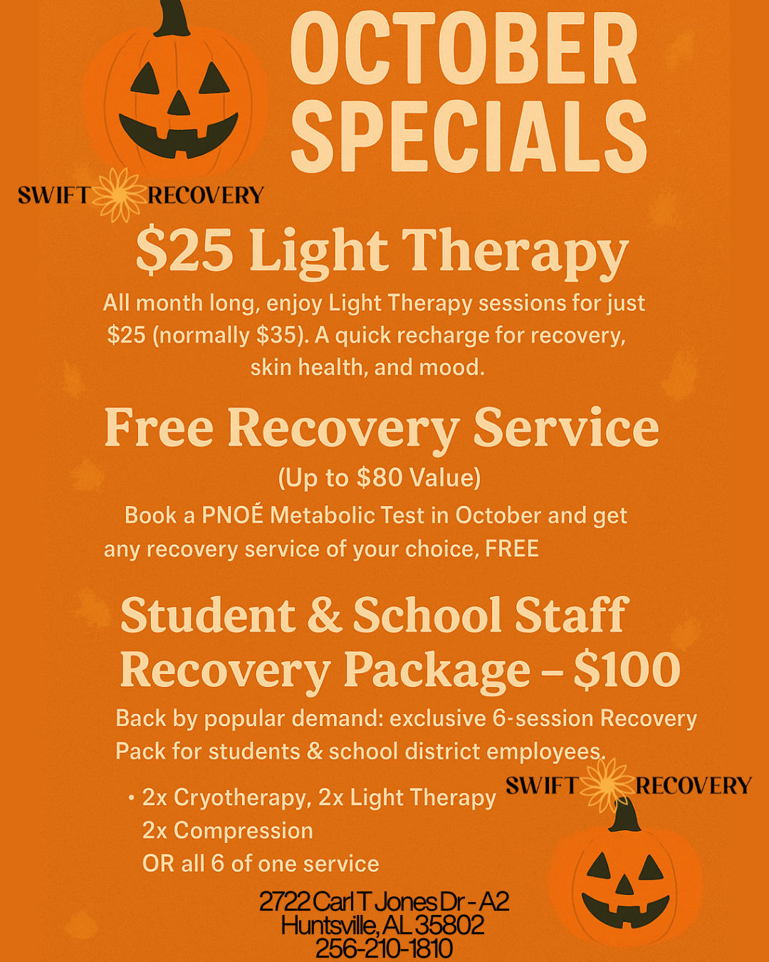 A poster for swift recovery that says October specials