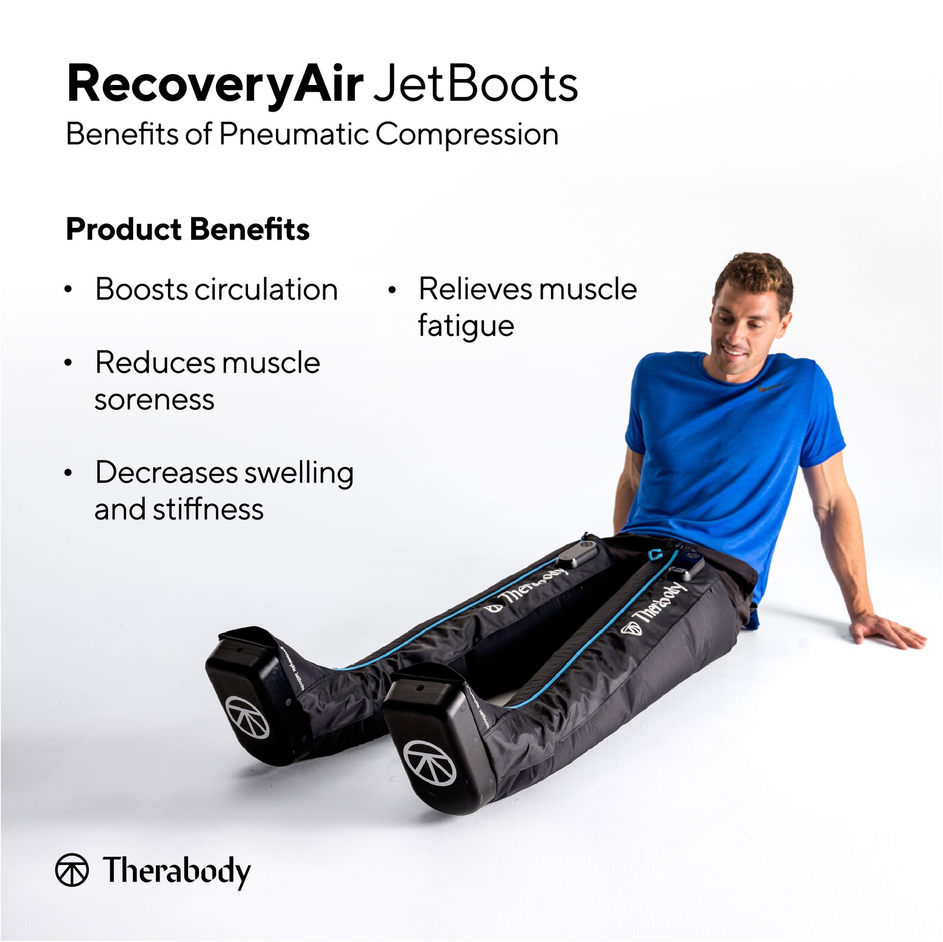 A man is sitting on the floor wearing recovery air jet boots.