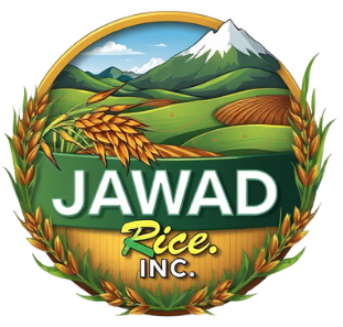 The logo for jawad rice inc. has a mountain in the background