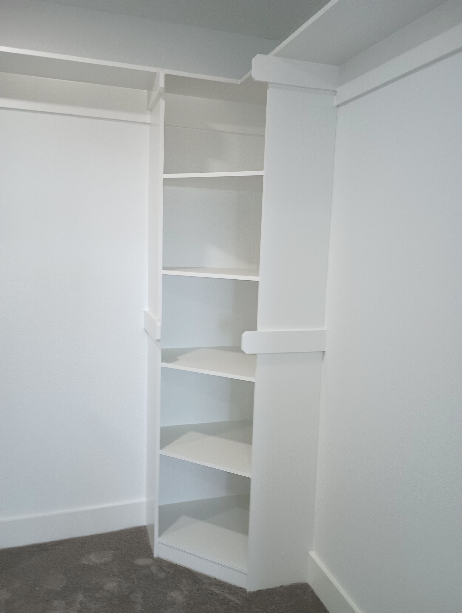 A walk in closet with white shelves and a gray carpet.