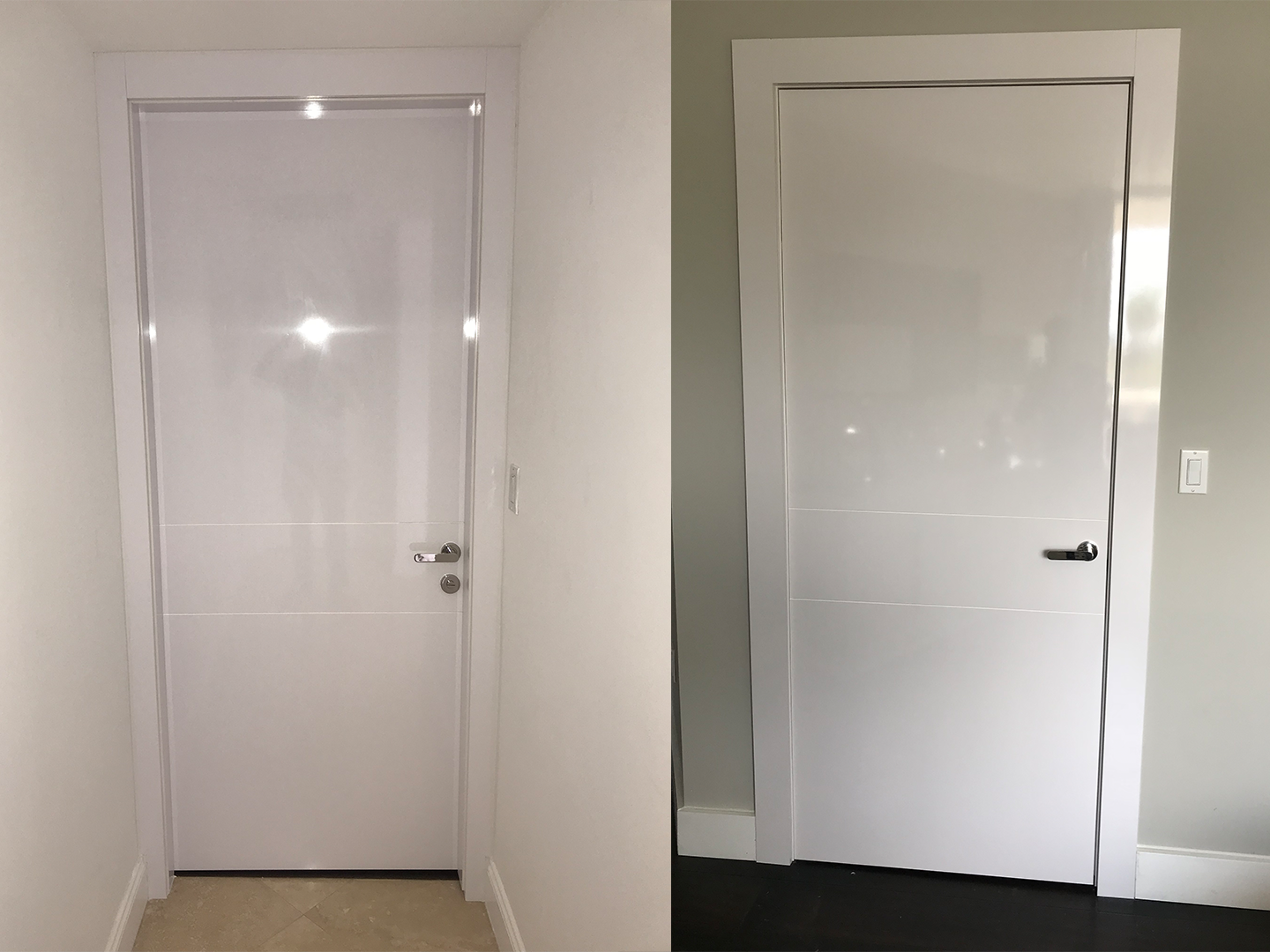 A before and after picture of a white door