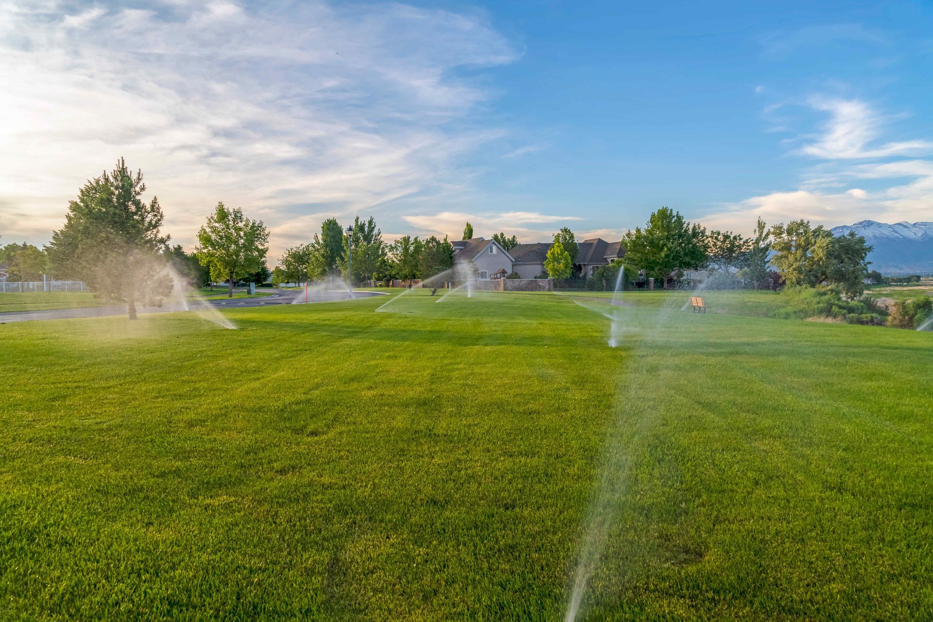 Large lawn being watered by sprinklers