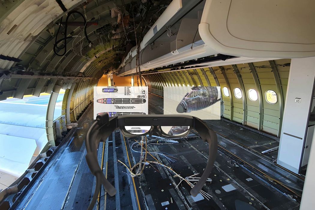 A treadmill is hanging from the ceiling of an airplane