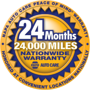 NAPA Auto Care warranty emblem: 24 months, 24,000 miles nationwide warranty, yellow and blue.