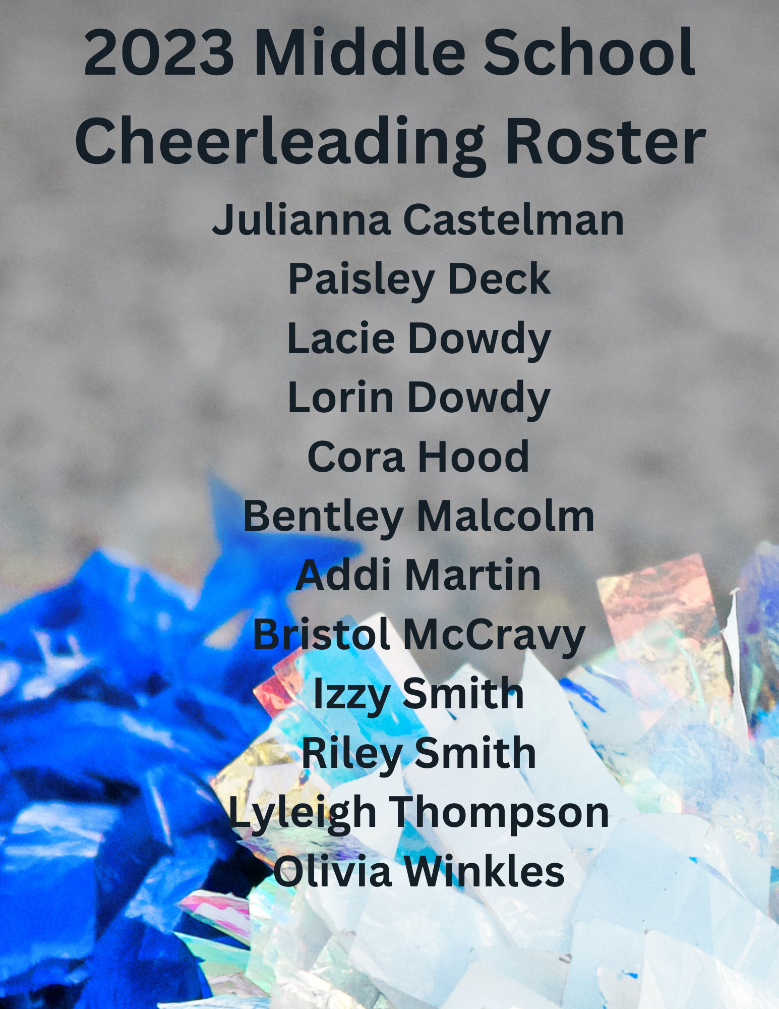 a poster for the 2023 middle school cheerleading roster