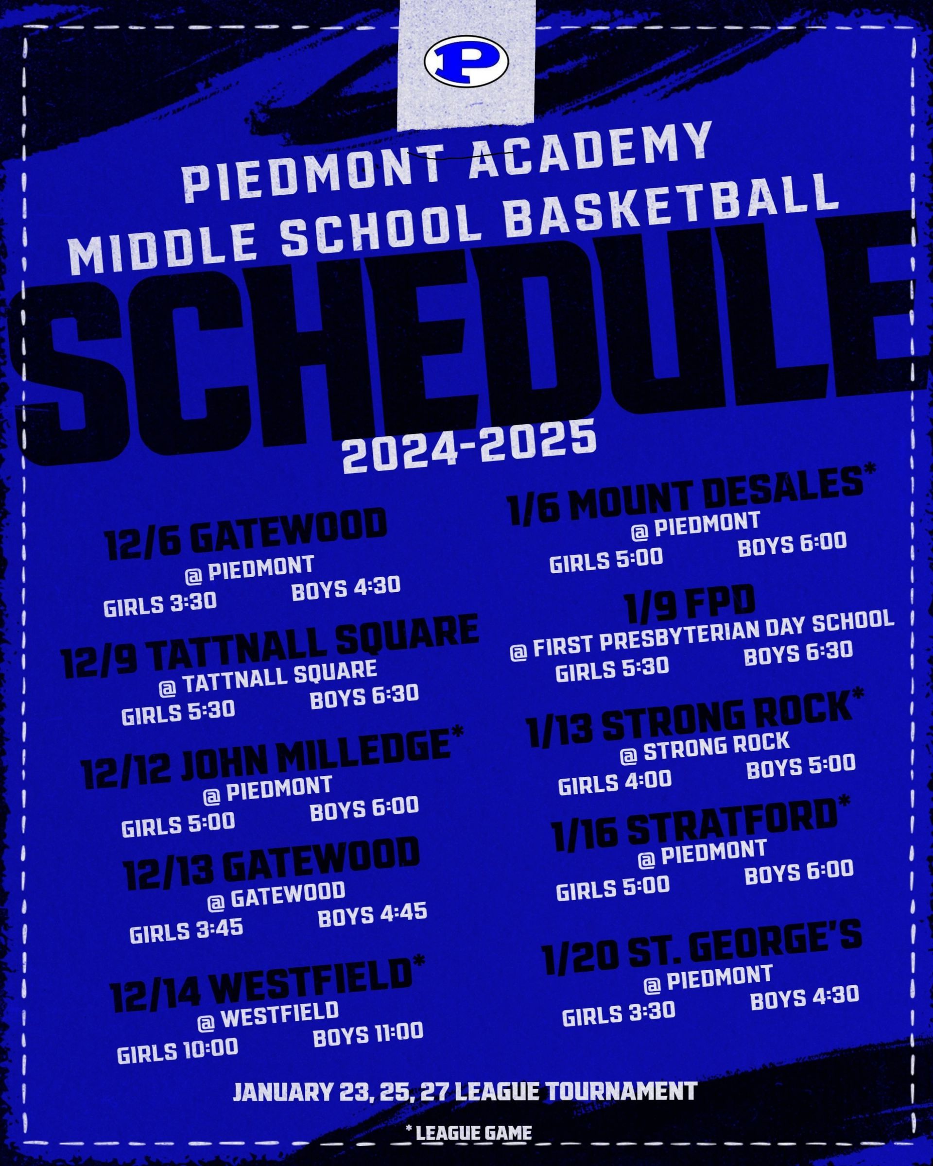 a basketball schedule for the middle school and junior varsity basketball teams