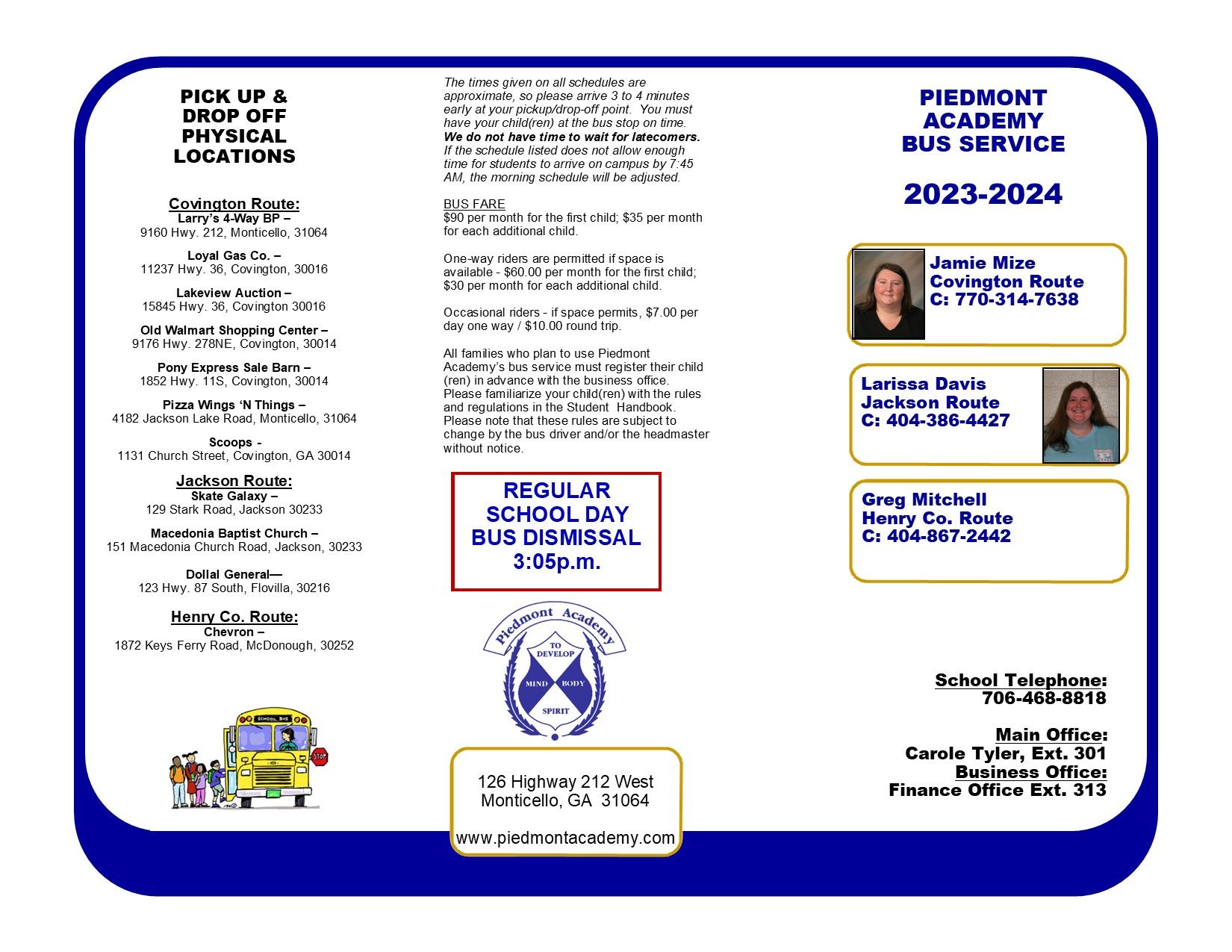 a brochure for the piedmont michigan school bus service
