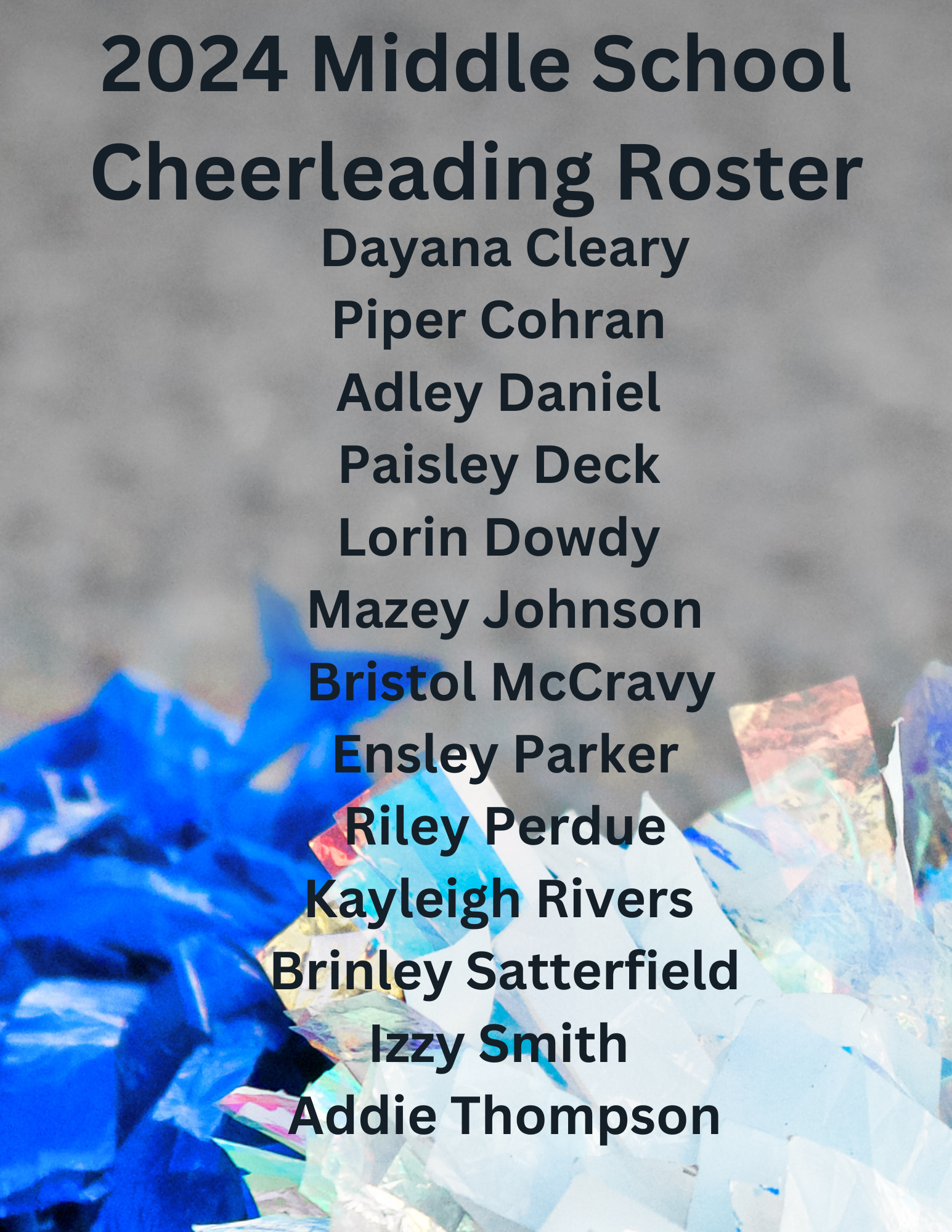 a poster for the 2023 middle school cheerleading roster