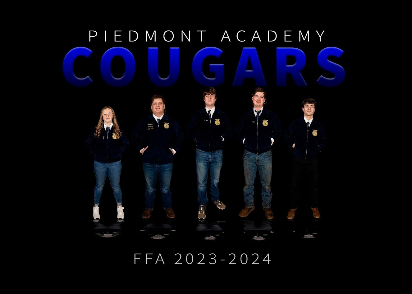 a group of people standing next to each other in front of a sign that says piedmont academy cougars .