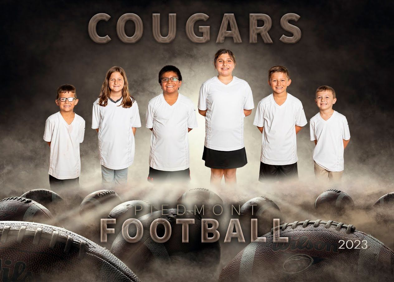 a group of children are standing next to each other in front of a football field .