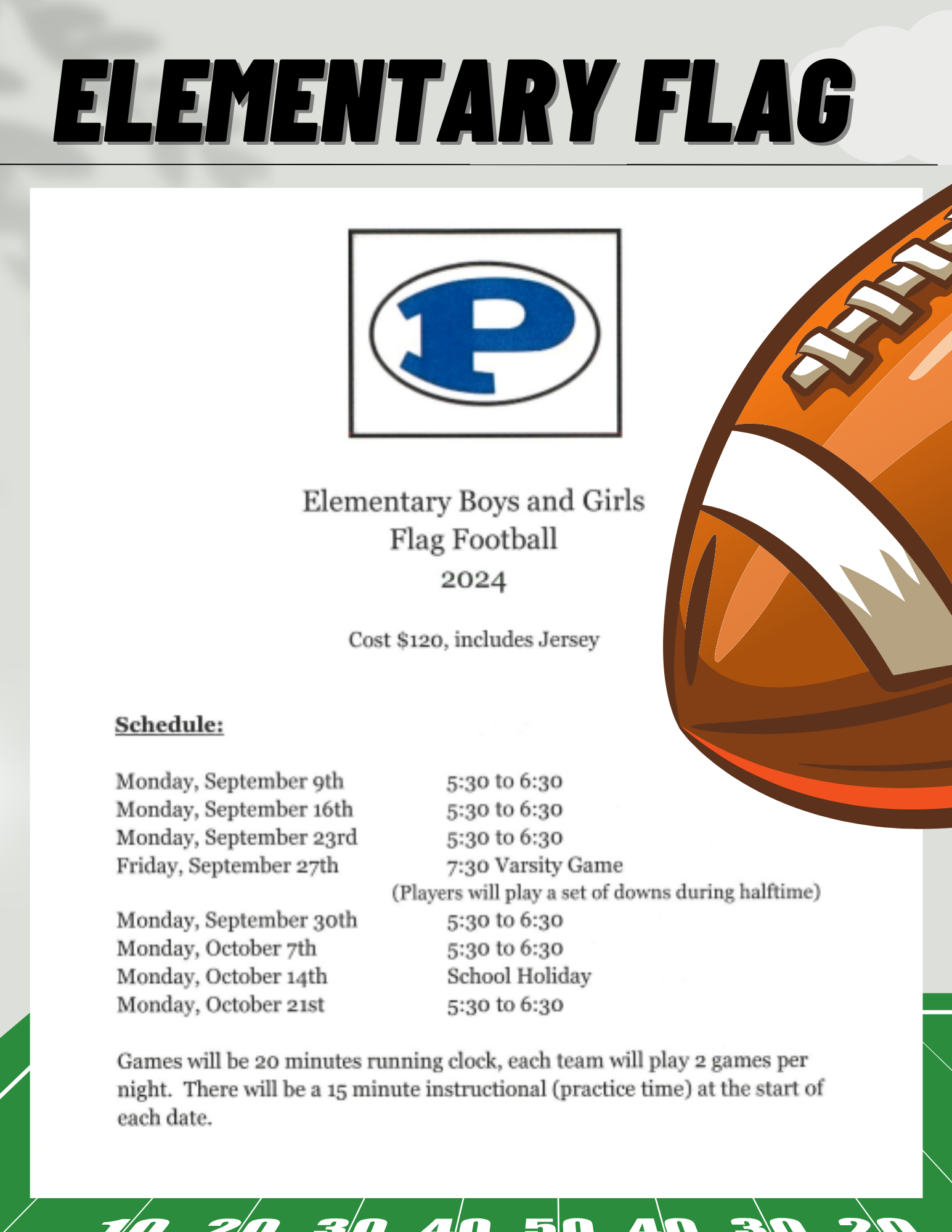 an elementary flag football schedule with a picture of a football