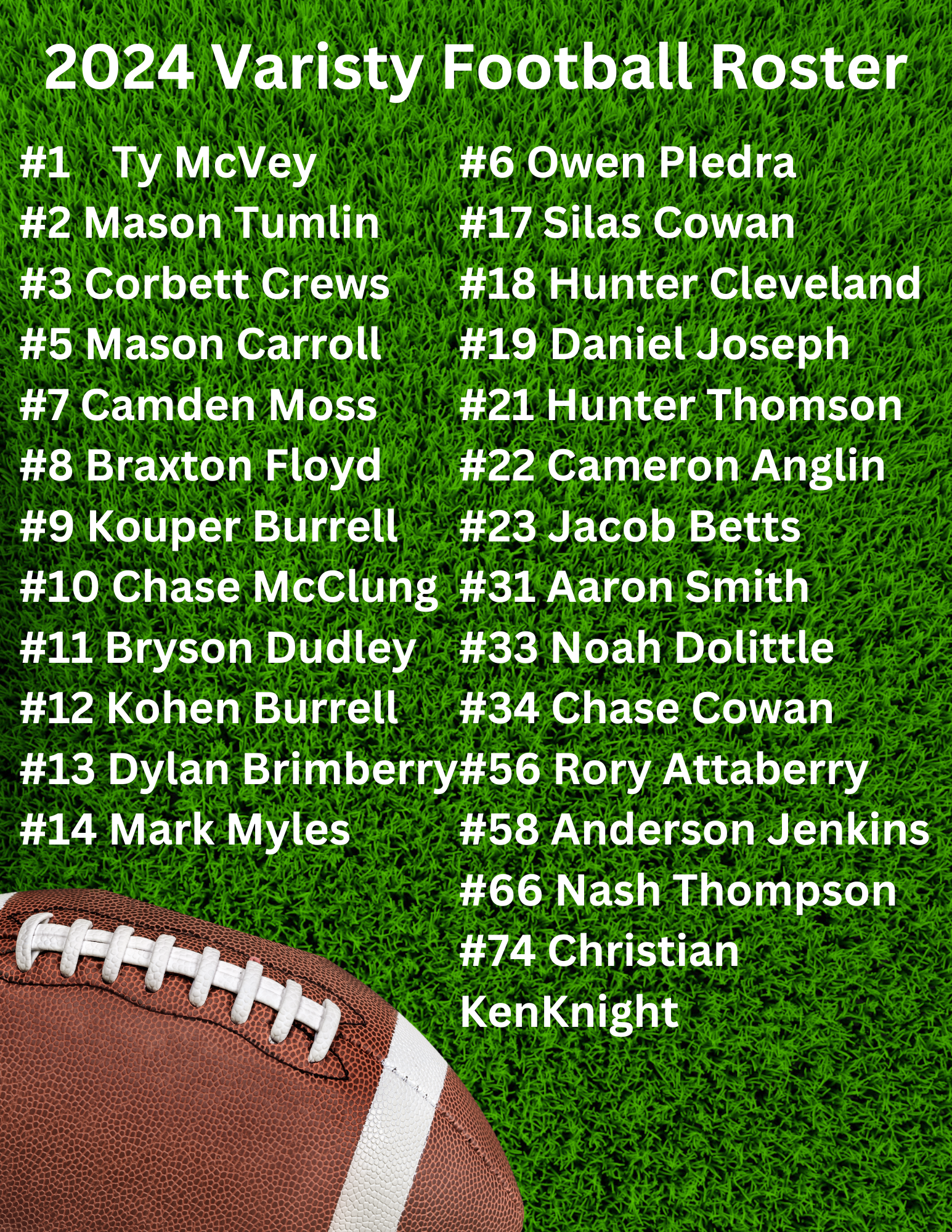 a poster of the 2023 varsity football roster .